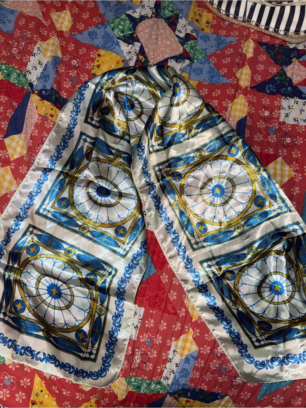 Silk-Effect Blue & Gold Geometric Scarf